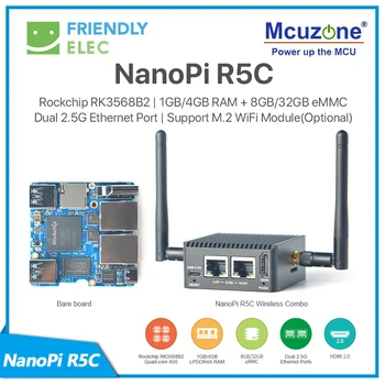 NanoPi R5C Rockchip RK3568B2|4GB RAM+32GB eMMC Dual 2.5 G Ethernet-Poort | Support M. 2 WiFi-Module(Optioneel) RTL8822CE